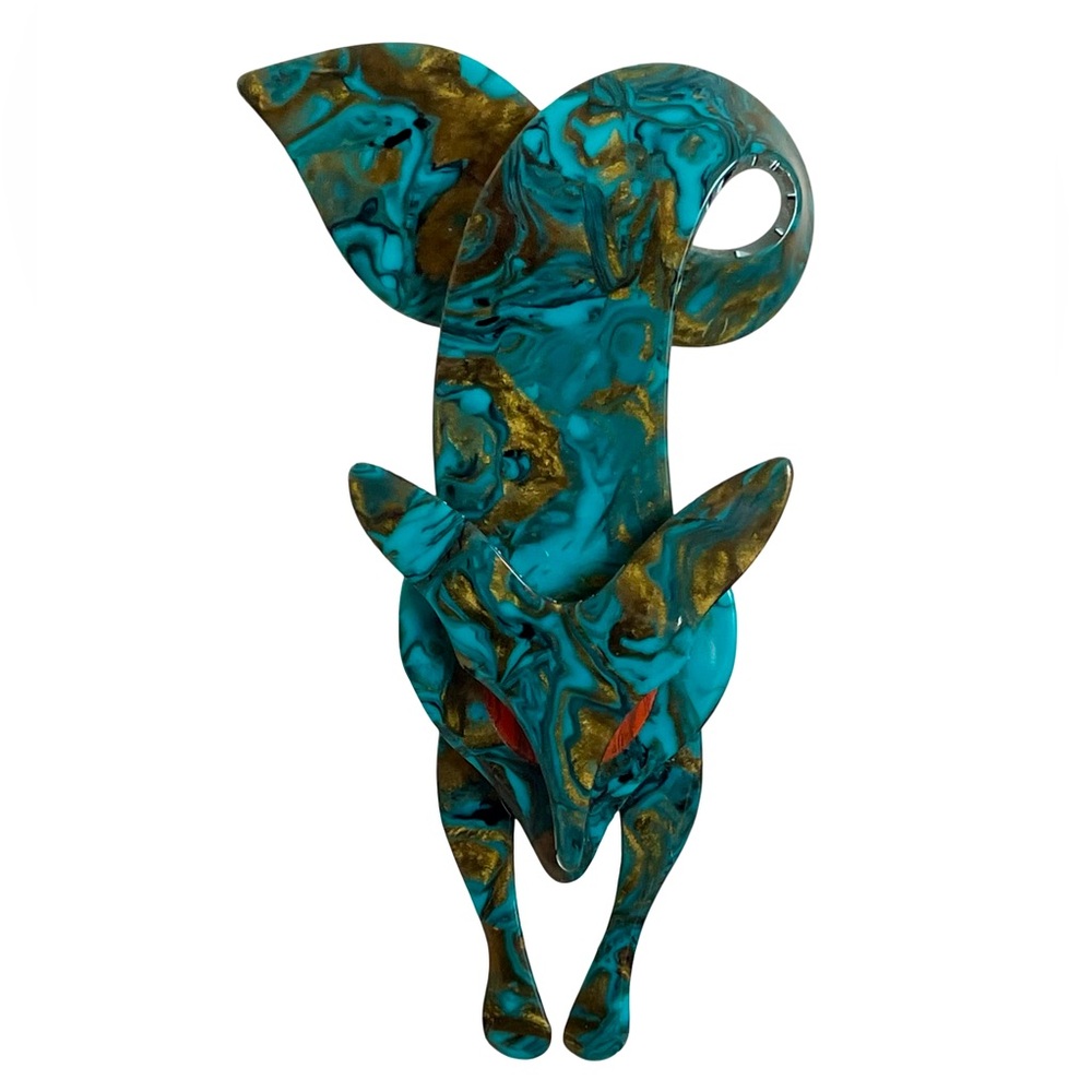 Vintage Signed Lea Stein Paris Turquoise Colored Fox Brooch